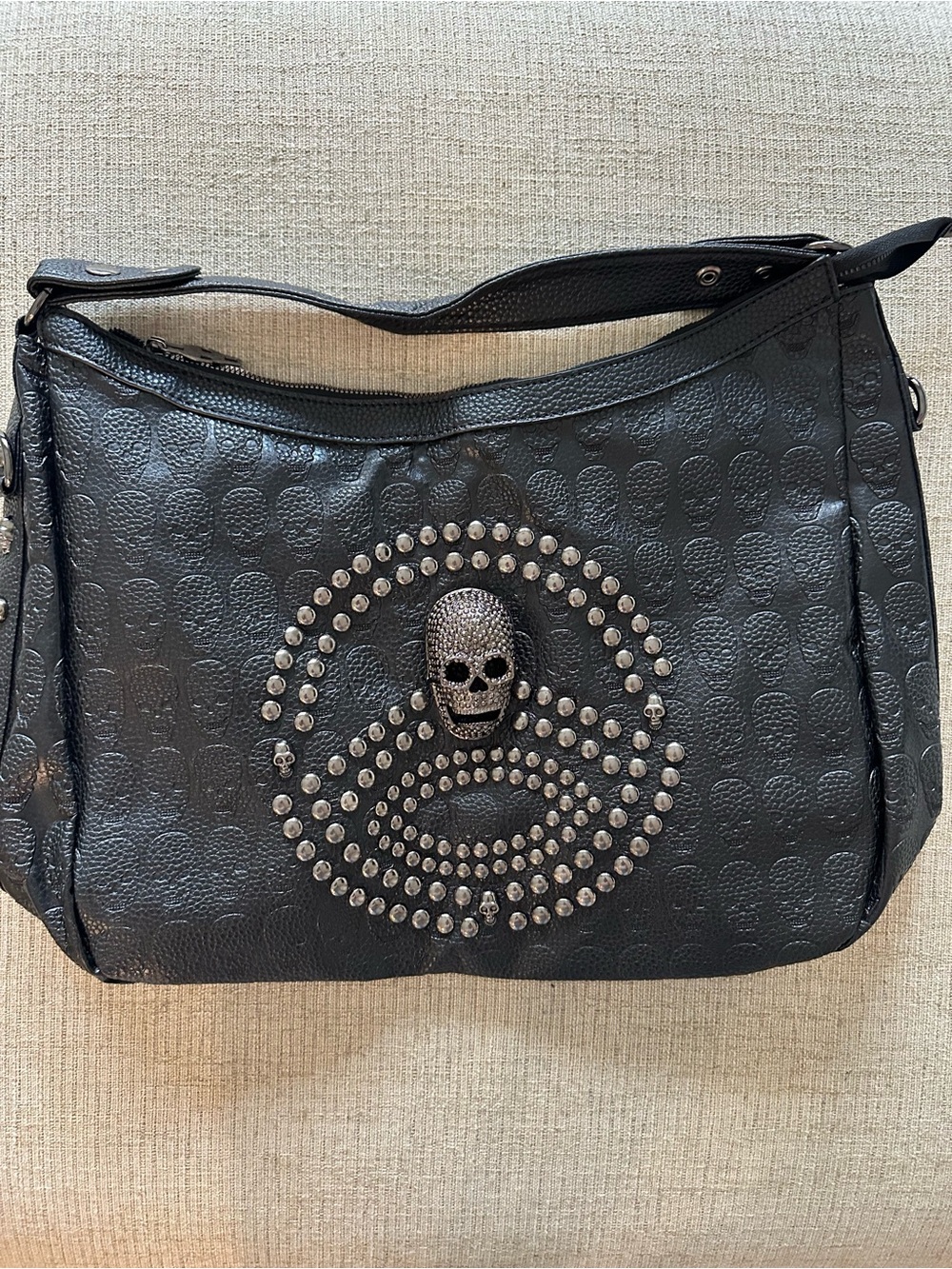 Studded Skull Black Leather Shoulder Bag